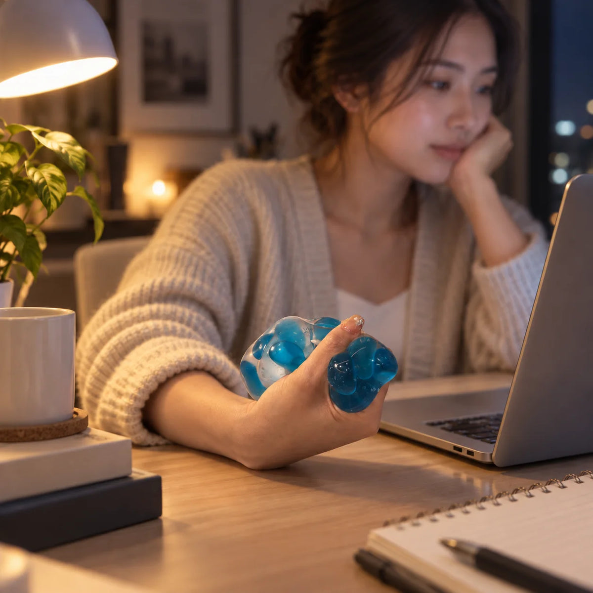 A quiet evening with a blue ZENGUE sensory ball under a warm desk lamp