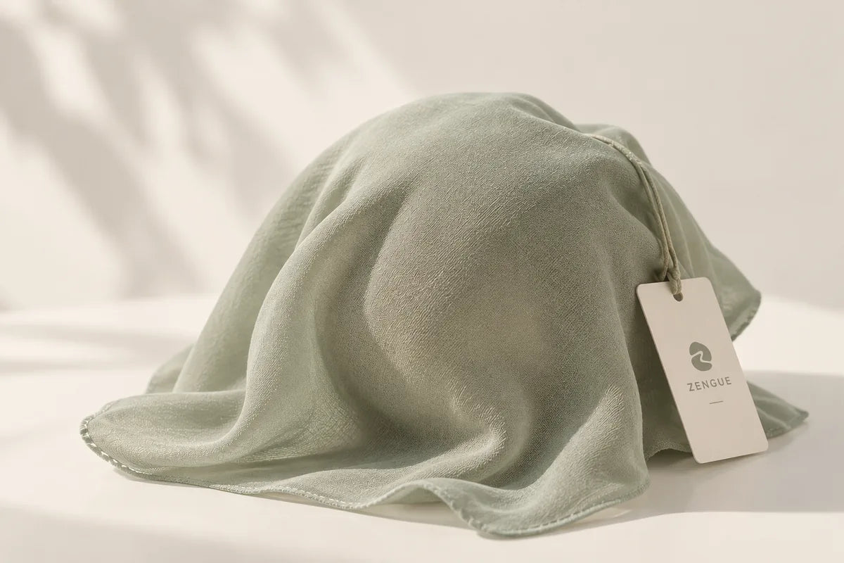 Sage-green fabric concealing the upcoming ZENGUE drop, with a ZENGUE tag